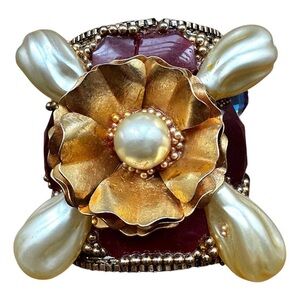 Vintage Cuff Bracelet Gold and Red Floral Statement